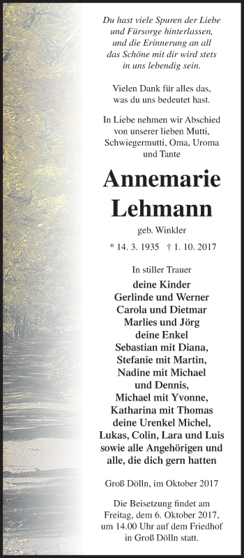 Traueranzeige von Annemarie Lehmann von Templiner Zeitung