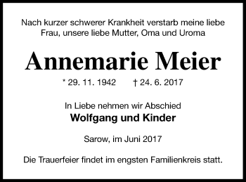 Traueranzeige von Annemarie Meier von Demminer Zeitung