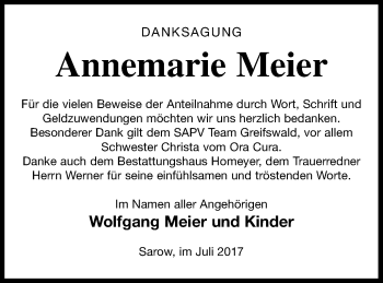 Traueranzeige von Annemarie Meier von Demminer Zeitung