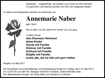 Traueranzeige von Annemarie Naber von Templiner Zeitung