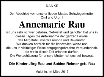 Traueranzeige von Annemarie Rau von Demminer Zeitung