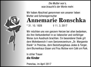 Traueranzeige von Annemarie Ronschka von Prenzlauer Zeitung