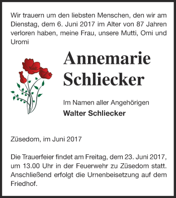 Traueranzeige von Annemarie Schliecker von Pasewalker Zeitung