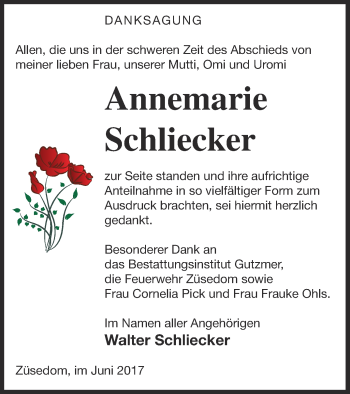 Traueranzeige von Annemarie Schliecker von Pasewalker Zeitung