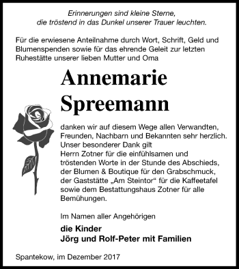 Traueranzeige von Annemarie Spreemann von Vorpommern Kurier