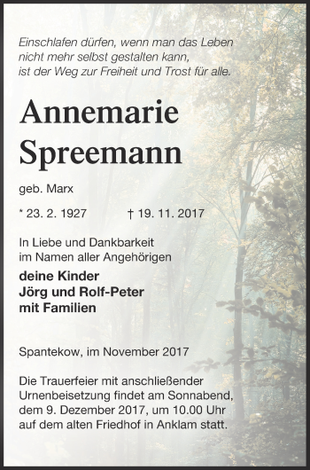 Traueranzeige von Annemarie Spreemann von Vorpommern Kurier