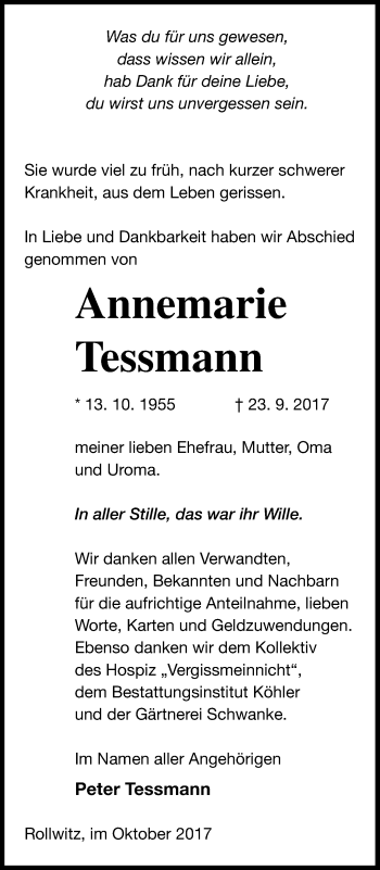 Traueranzeige von Annemarie Tessmann von Pasewalker Zeitung