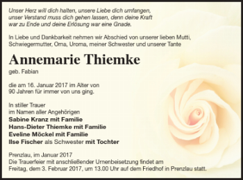 Traueranzeige von Annemarie Thiemke von Prenzlauer Zeitung