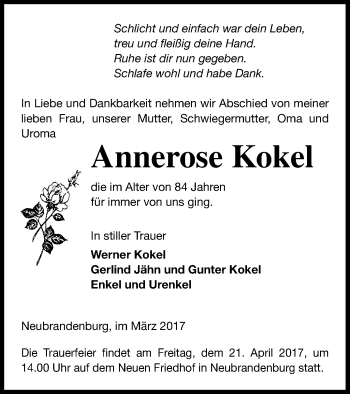 Traueranzeige von Annerose Kokel von Neubrandenburger Zeitung