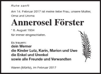 Traueranzeige von Annerosel Förster von Müritz-Zeitung