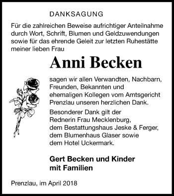 Traueranzeige von Anni Becken von Neubrandenburger Zeitung