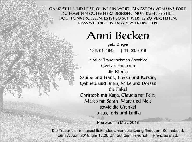  Traueranzeige für Anni Becken vom 17.03.2018 aus Neubrandenburger Zeitung