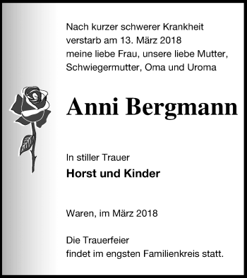 Traueranzeige von Anni Bergmann von Müritz-Zeitung