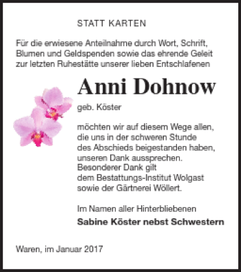 Traueranzeige von Anni Dohnow von Müritz-Zeitung