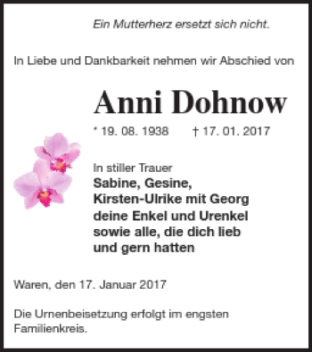 Traueranzeige von Anni Dohnow von Müritz-Zeitung