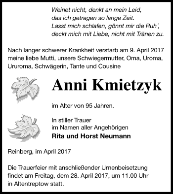 Traueranzeige von Anni Kmietzyk von Neubrandenburger Zeitung