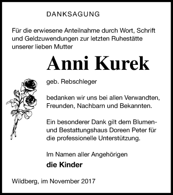 Traueranzeige von Anni Kurek von Neubrandenburger Zeitung