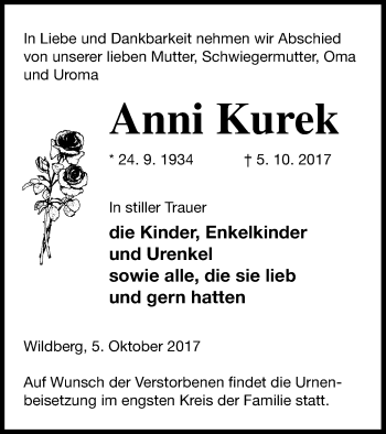 Traueranzeige von Anni Kurek von Neubrandenburger Zeitung