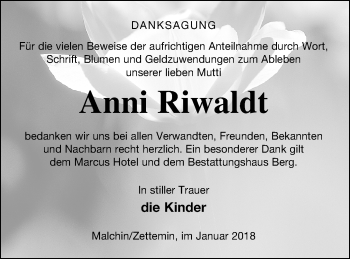 Traueranzeige von Anni Riwaldt von Mecklenburger Schweiz