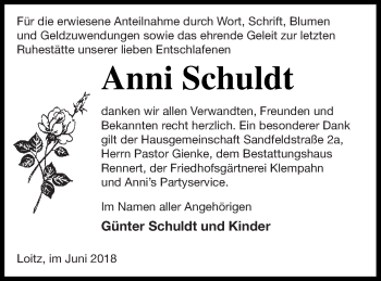 Traueranzeige von Anni Schuldt von Vorpommern Kurier