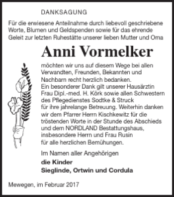 Traueranzeige von Anni Vormelker von Pasewalker Zeitung