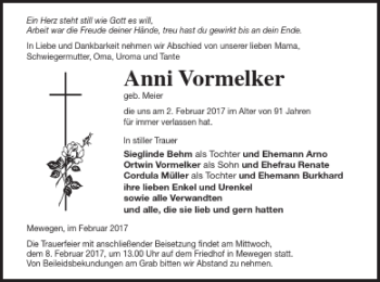 Traueranzeige von Anni Vormelker von Pasewalker Zeitung