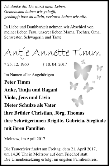 Traueranzeige von Antje Annette Timm von Müritz-Zeitung