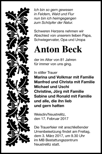 Traueranzeige von Anton Beck von Strelitzer Zeitung