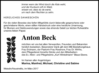 Traueranzeige von Anton Beck von Strelitzer Zeitung