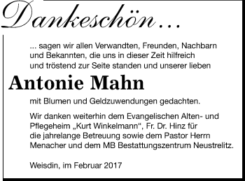 Traueranzeige von Antonie Mahn von Strelitzer Zeitung