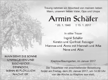 Traueranzeige von Armin Schäfer von Prenzlauer Zeitung