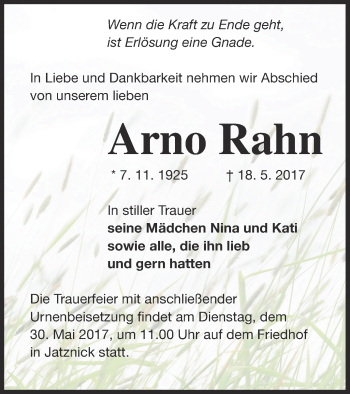 Traueranzeige von Arno Rahn von Pasewalker Zeitung