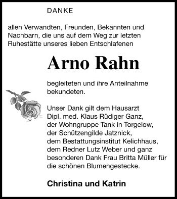 Traueranzeige von Arno Rahn von Pasewalker Zeitung