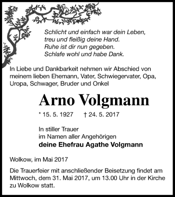 Traueranzeige von Arno Volgmann von Neubrandenburger Zeitung