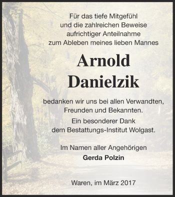 Traueranzeige von Arnold Danielzik von Müritz-Zeitung