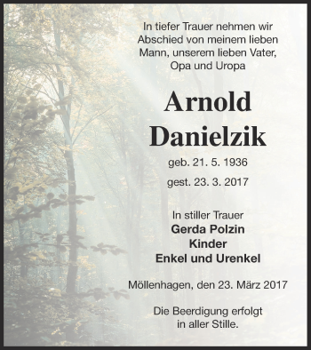 Traueranzeige von Arnold Danielzik von Müritz-Zeitung