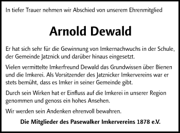 Traueranzeige von Arnold Dewald von Pasewalker Zeitung