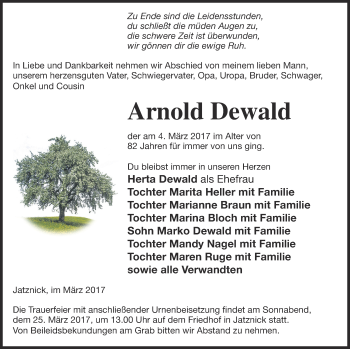 Traueranzeige von Arnold Dewald von Pasewalker Zeitung