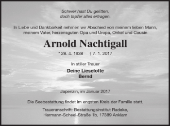 Traueranzeige von Arnold Nachtigall von Vorpommern Kurier