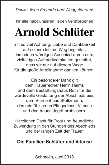 Traueranzeige von Arnold Schlüter von Prenzlauer Zeitung