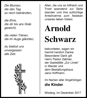 Traueranzeige von Arnold Schwarz von Neubrandenburger Zeitung