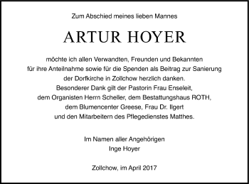 Traueranzeige von Artur Hoyer von Prenzlauer Zeitung