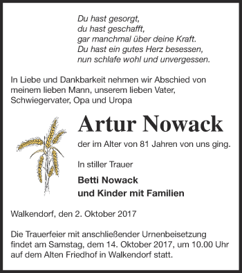 Traueranzeige von Artur Nowack von Mecklenburger Schweiz