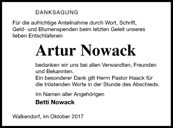 Traueranzeige von Artur Nowack von Mecklenburger Schweiz