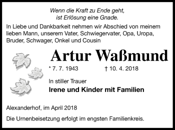 Traueranzeige von Artur Waßmund von Prenzlauer Zeitung