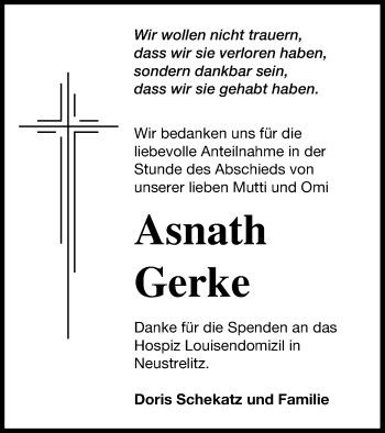 Traueranzeige von Asnath Gerke von Müritz-Zeitung