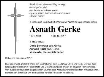 Traueranzeige von Asnath Gerke von Müritz-Zeitung