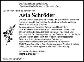 Traueranzeige von Asta Schröder von Müritz-Zeitung