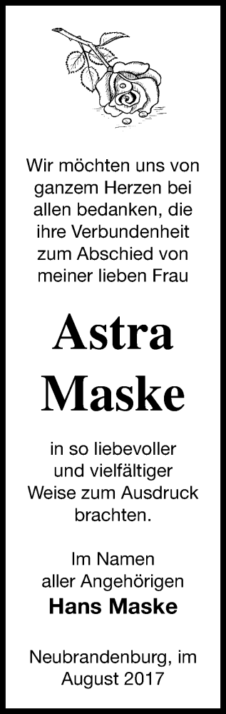 Traueranzeige von Astra Maske von Neubrandenburger Zeitung