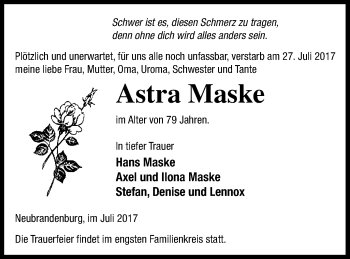 Traueranzeige von Astra Maske von Neubrandenburger Zeitung